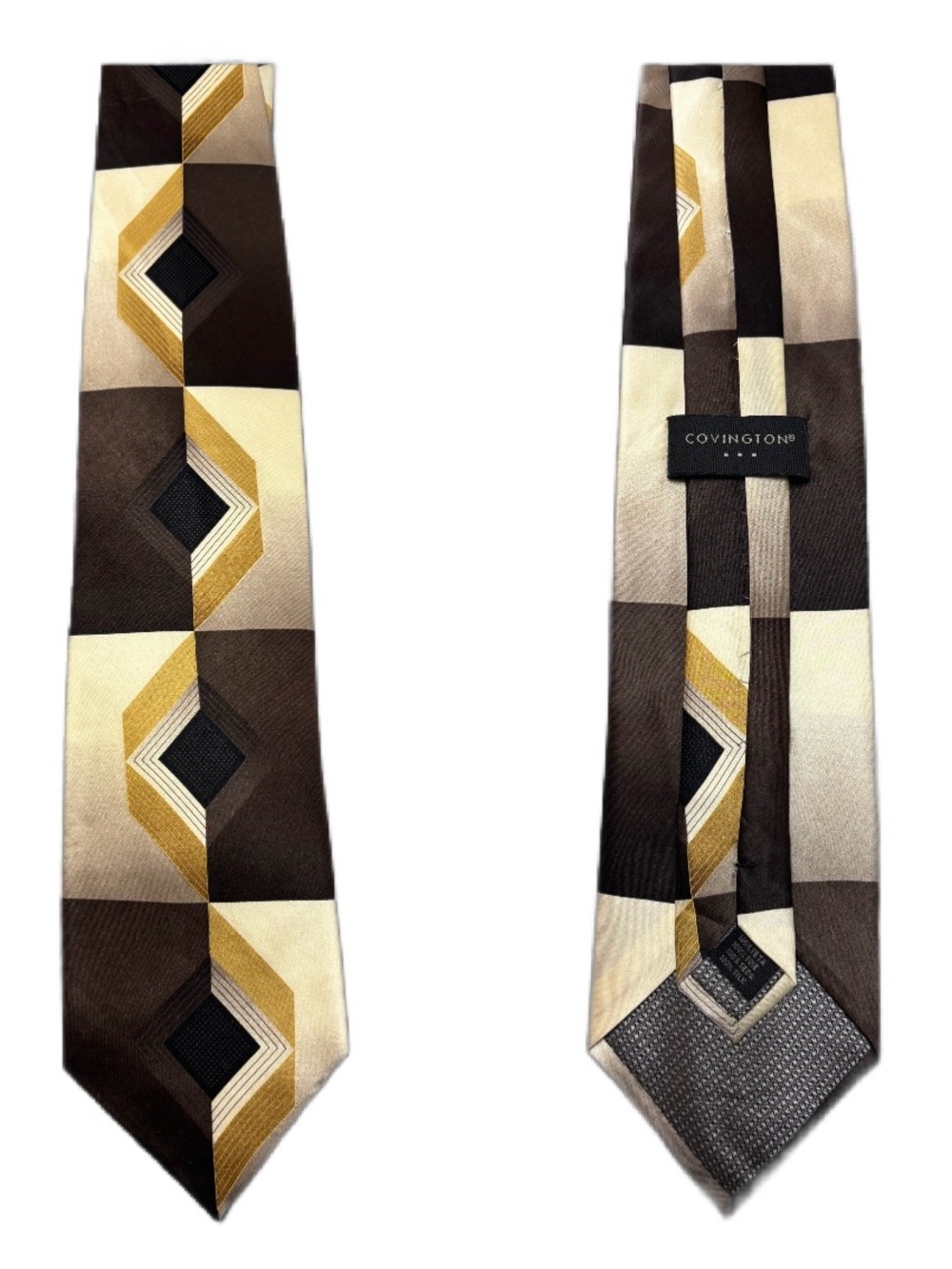Vintage Covington Men 100% Silk Tie Brown Tan Cream Gold Sateen Finish